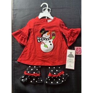 Rare Editions Girls Christmas Snowman Polka Dot 2 Piece Top & Pants Set 12M